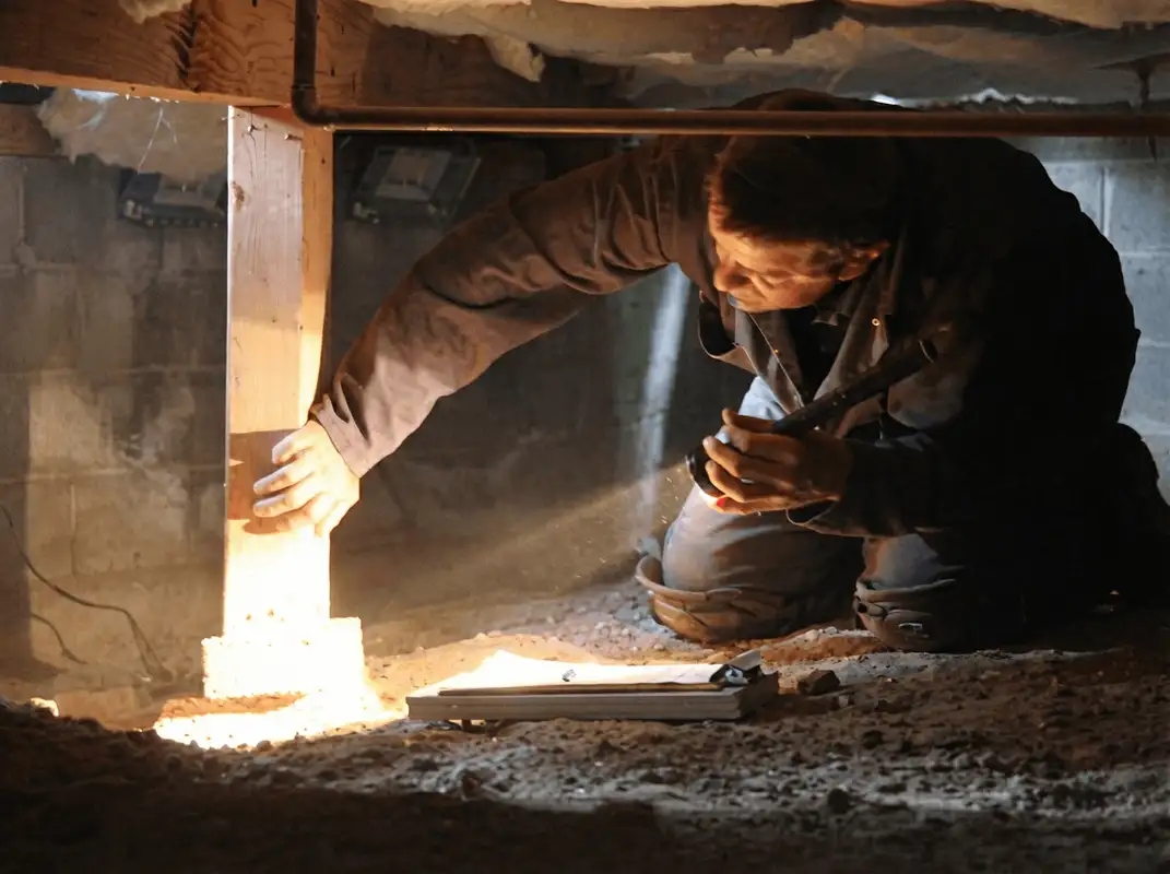 A professional inspecting wooden beams under the floor of a structure in Stamford, CT